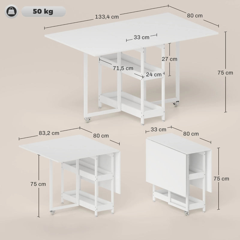 Tavolo da pranzo pieghevole con 2 vani aperti e 2 ruote con freni, per cucina, sala da pranzo e piccoli spazi, bianco