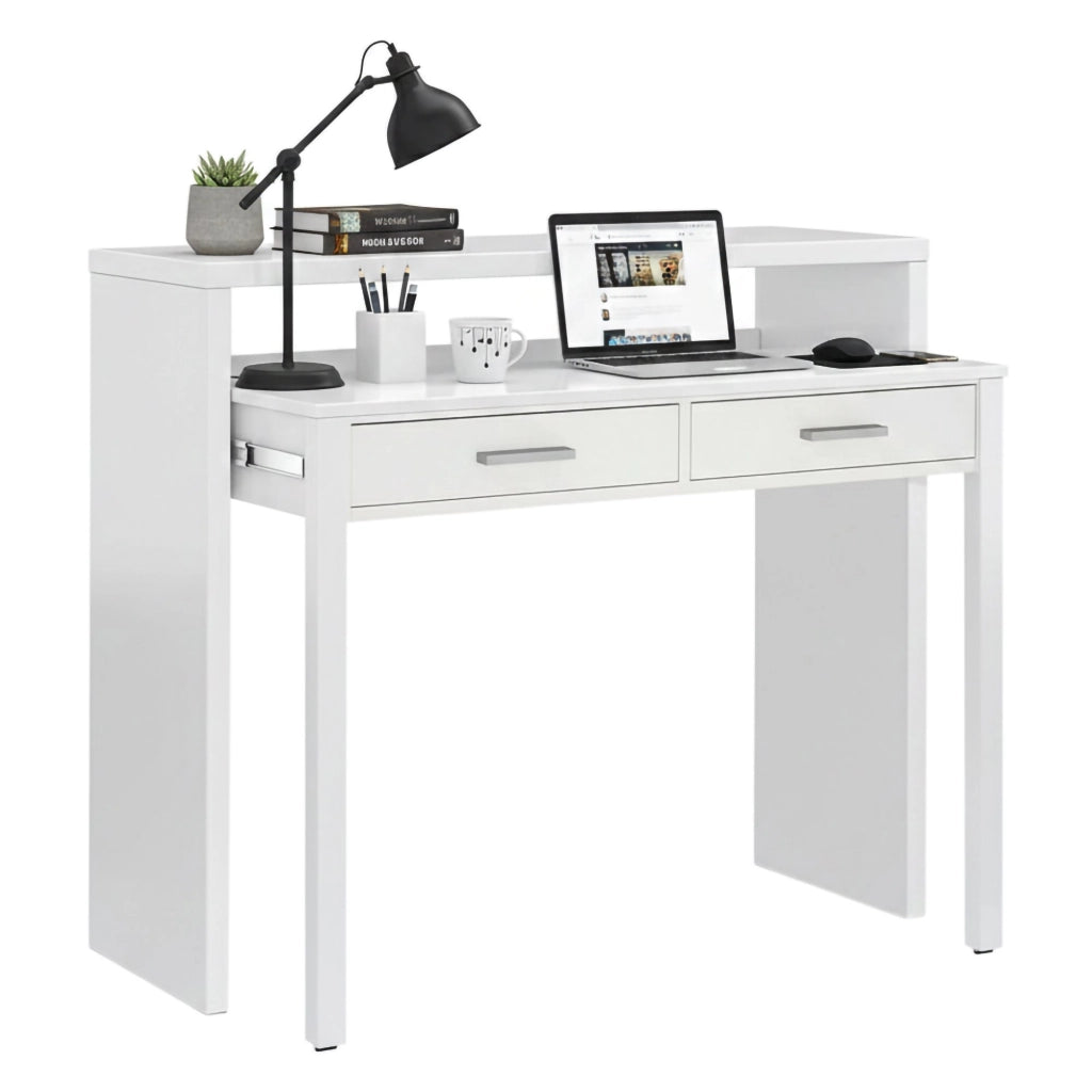 Consolle Andriy, Scrivania con piano estensibile, Scrittoio porta PC con 2 cassetti, cm 99x36h88, Bianco