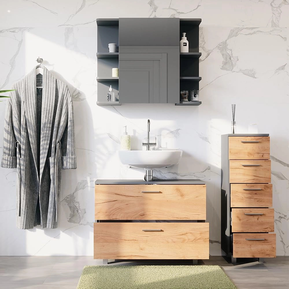 Set di mobili da bagno Ilias, Quercia dorata/antracite, 80.2 cm, composto da mobile sottolavabo, specchiera e mobile medio