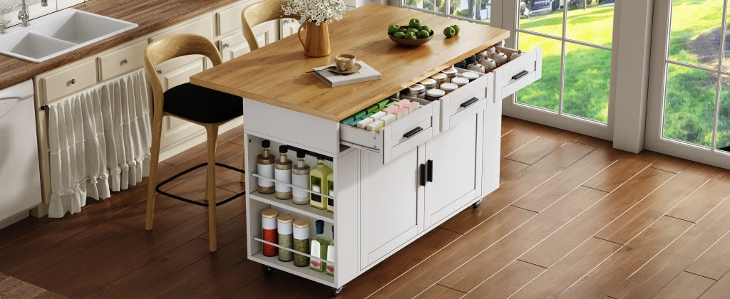 Carrello isola cucina pieghevole con piano estensibile, vani contenitore, 3 cassetti, prese e ruote 120 x 45(70) x 84 cm