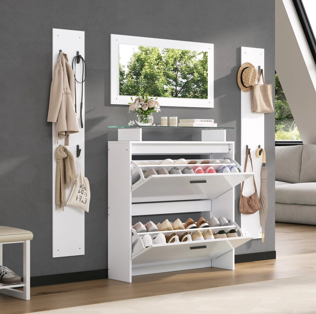 Set guardaroba da ingresso 4 pezzi bianco con scarpiera e specchio
