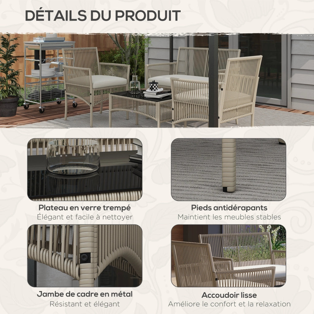 Set salotto da giardino 4 pezzi ¨C zephmum ¨C canap¨¨ 2 posti, 2 poltrone, tavolino in vetro temperato