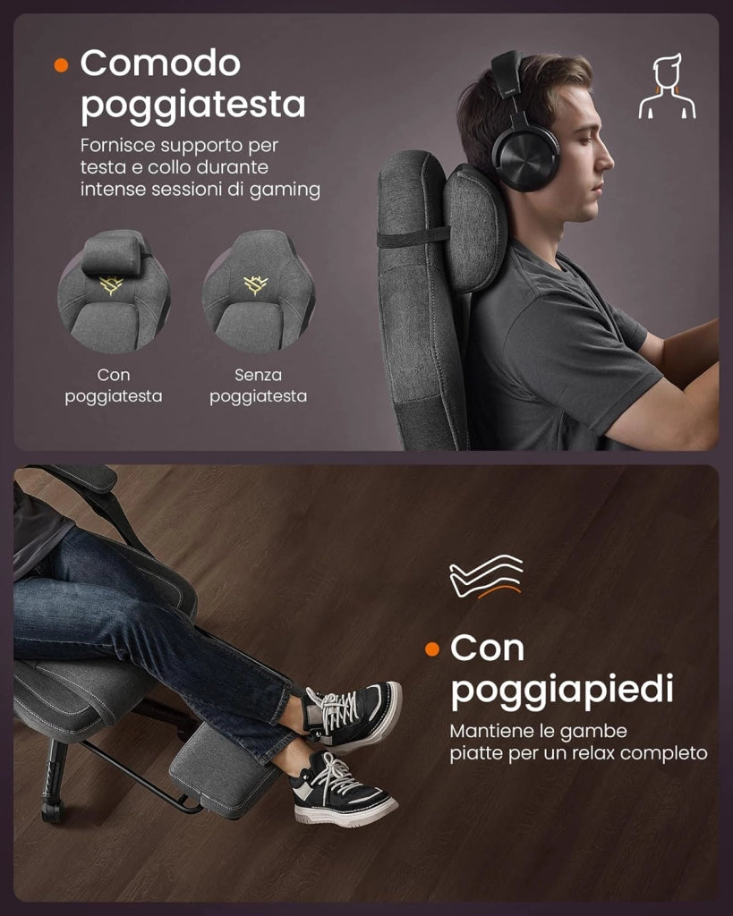 Sedia da Gaming Ergonomica per Computer Con Poggiapiedi e Poggiatesta, Cotone-Lino, Altezza Regolabile, Grigio Tortora OBG072G01