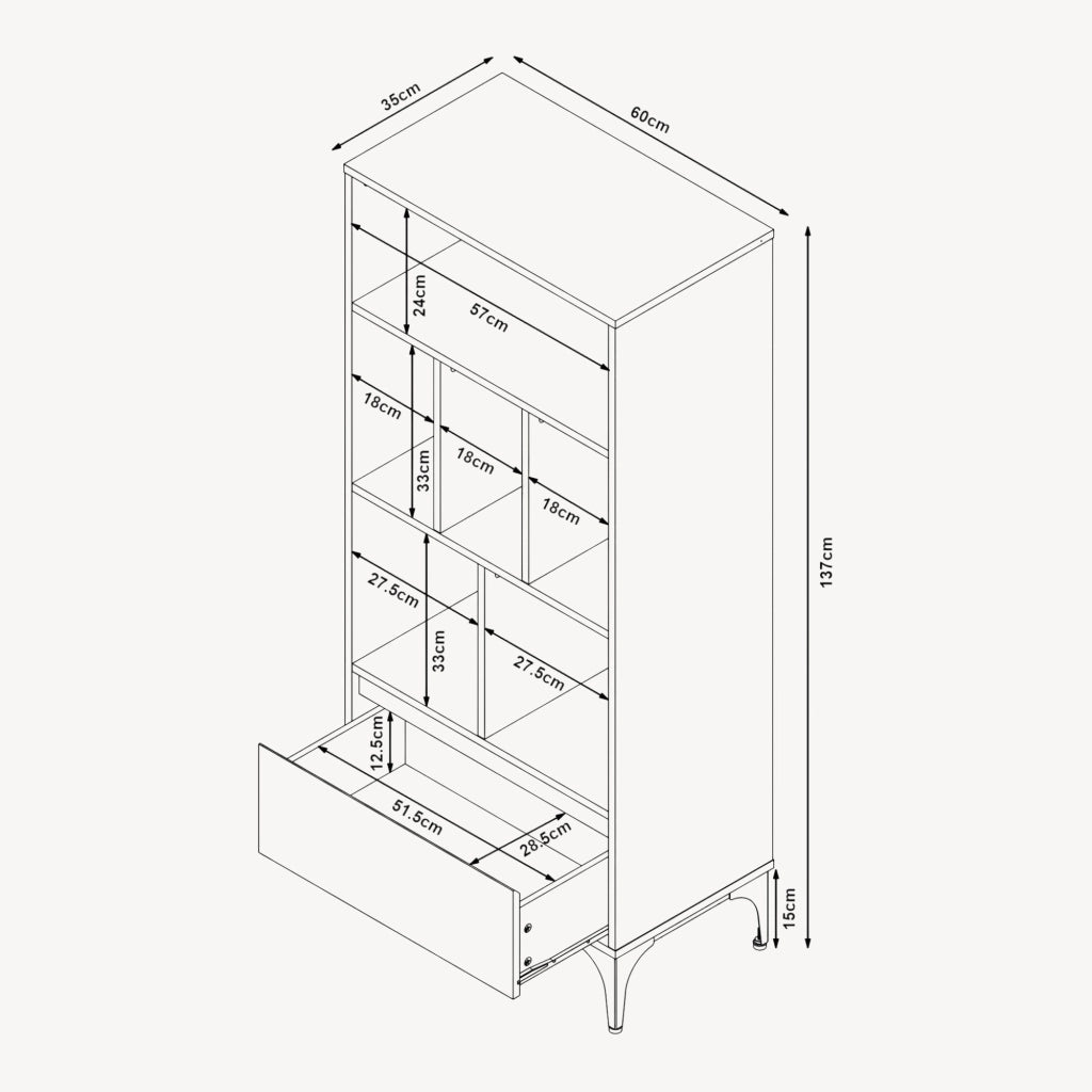 Libreria Kistiandi con 6 Vani Aperti e Cassetto 137 x 60 x 35 cm - Effetto Rovere Scuro [en.casa]