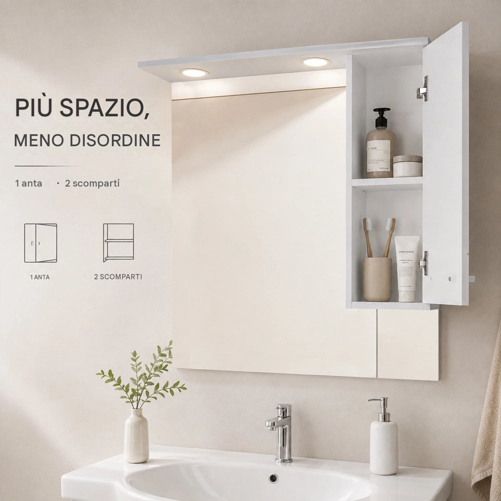 Set Completo Mobile da Bagno da Terra 85 cm con Due Ante Bianco Specchio e Accessori