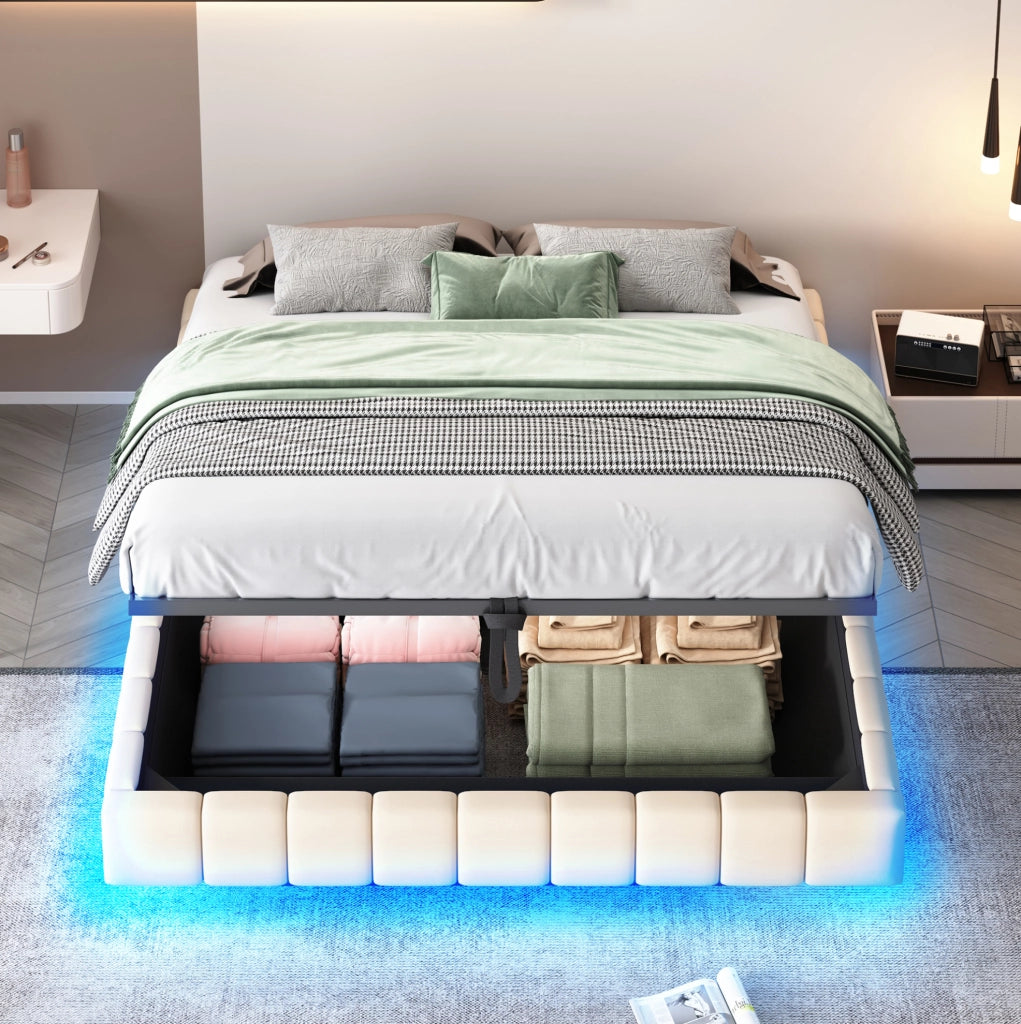 Letto matrimoniale imbottito sospeso 160x200 cm con LED beige