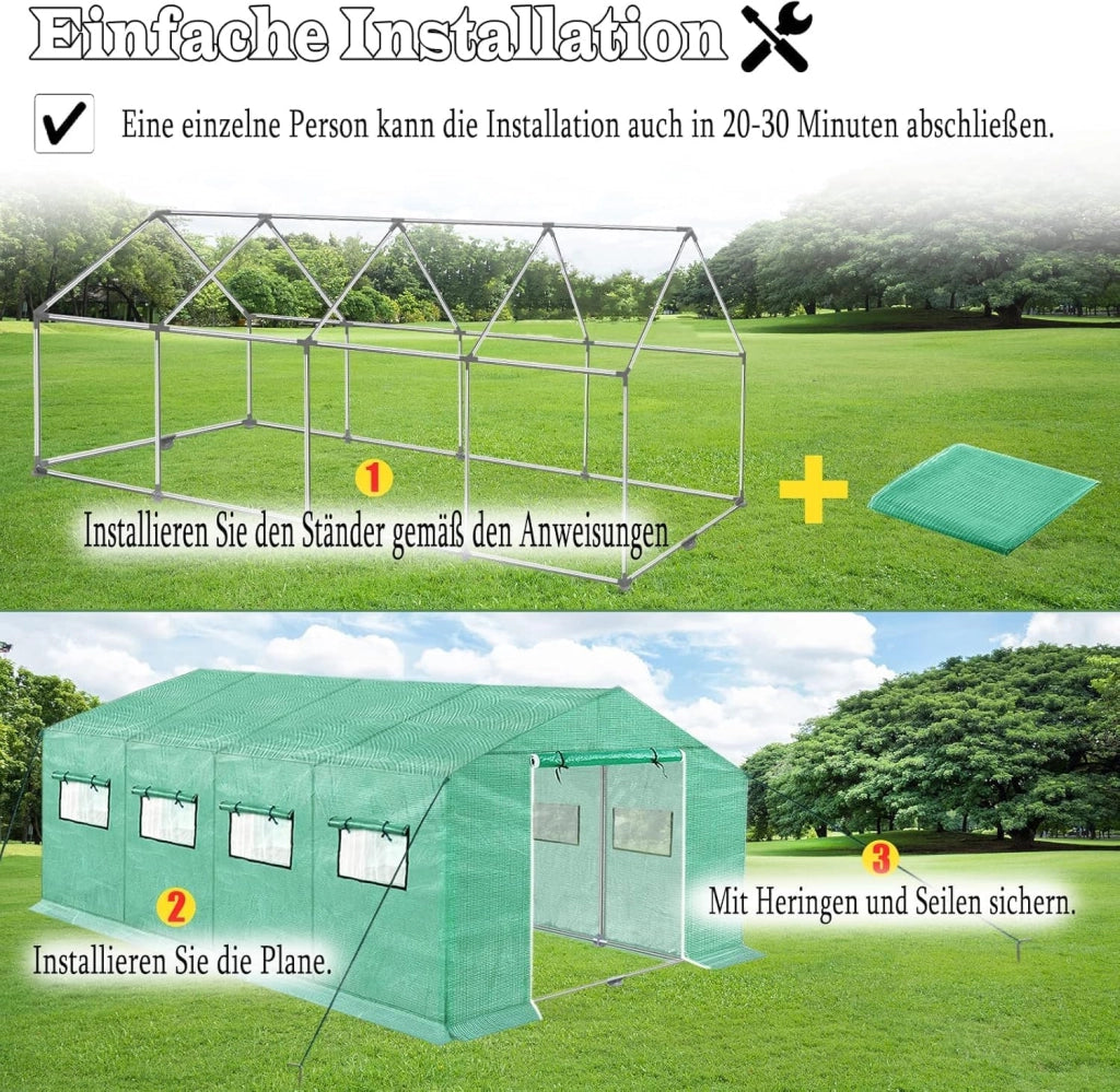 Serra da giardino in pellicola, 4,5 x 2 x 2 m, con porta e lontano, per pomodori, per piante da giardino, verde
