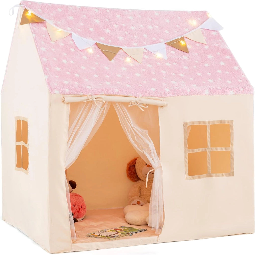 Tenda Casetta per Bambini con Tetto Stellato Luminoso nel Buio, Tenda per Bambini con Luci e Bandierine, Tenda da Gioco con Porta, 2 Finestre e Tappetino, per Interno ed Esterno (Beige)