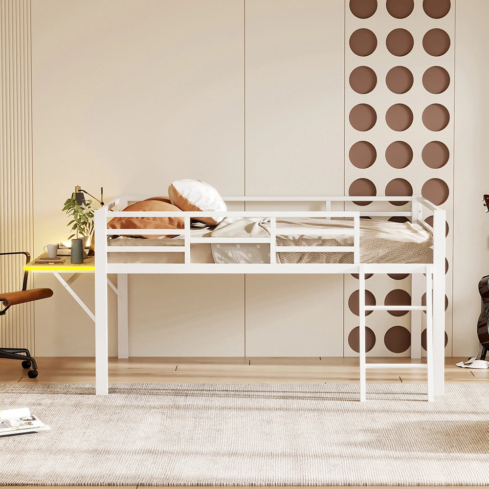 Letto a soppalco 140x200 cm - Xylo - Bianco, Struttura metallica, Scrivania integrata, Luci LED con telecomando