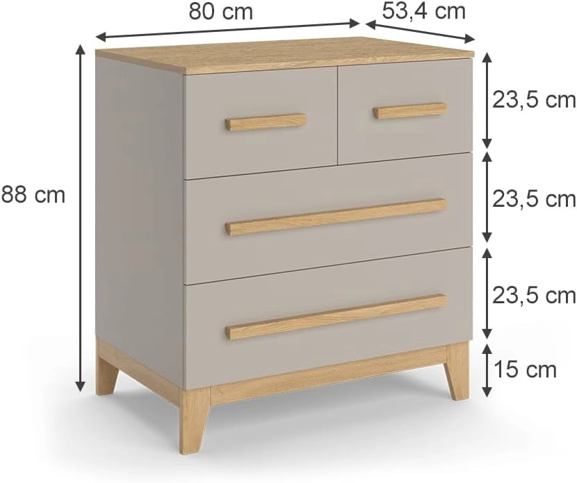 Cassettiera Malia, Quercia cashmere, 80 x 88 cm con 4 cassetti, adatto per riporre abiti e oggetti di uso quotidiano