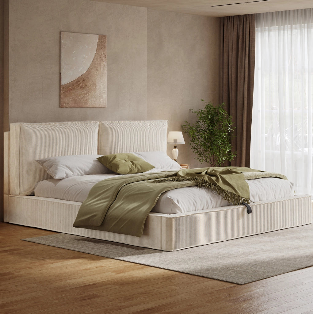 Letto matrimoniale 180x200 cm con contenitore idraulico in cord beige