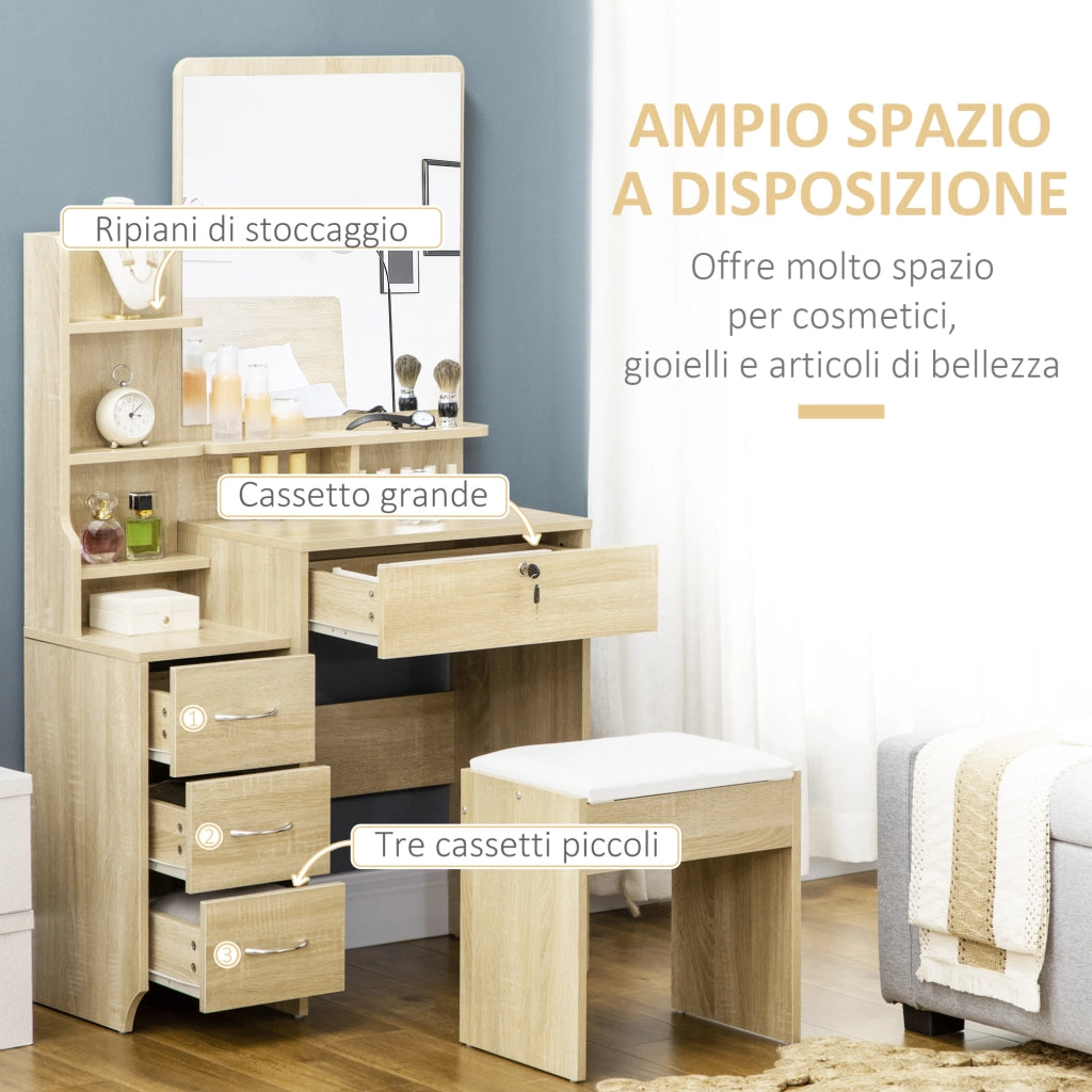 Toeletta da Trucco con Specchio. Tavolo da Trucco. Sgabello. 4 Cassetti e 4 Ripiani. Colore Legno