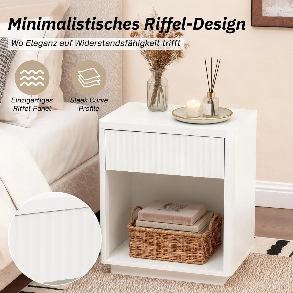 Comodino con 1 cassetto e 1 vano aperto design a onde per camera da letto in MDF bianco 63,5 × 38 × 46,5 cm