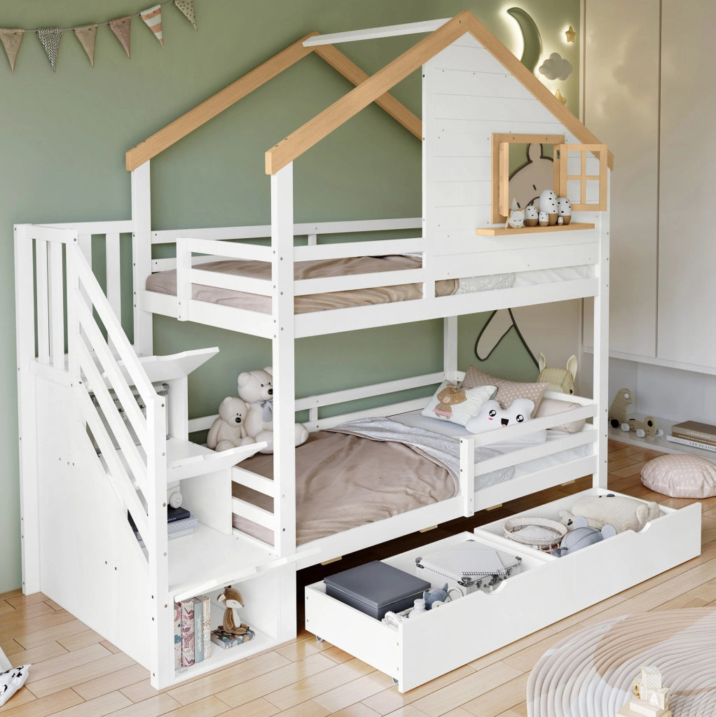 Letto a castello in legno con scale contenitore e cassetti