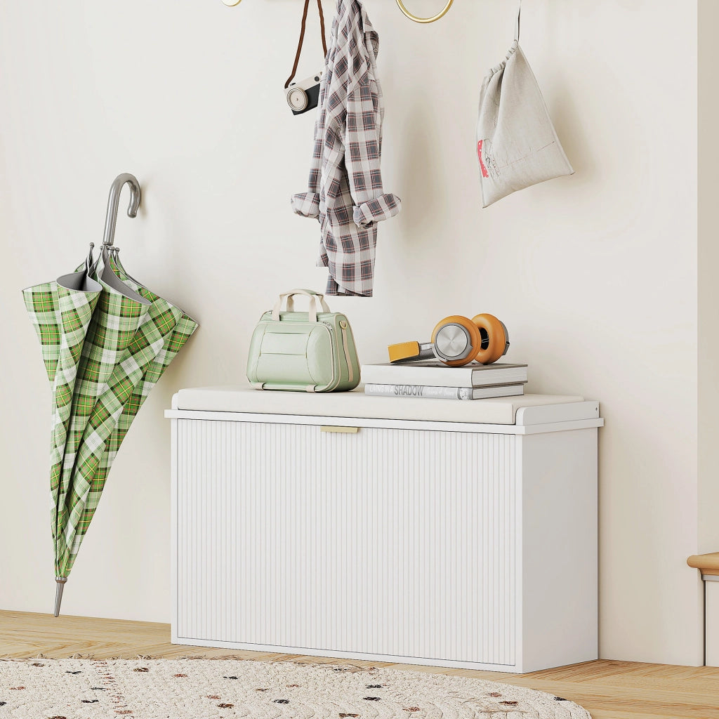 Panca Scarpiera con Ripiano in Legno e Tessuto ¨C zephmum ¨C Bianca e Beige 80x26x47.5 cm
