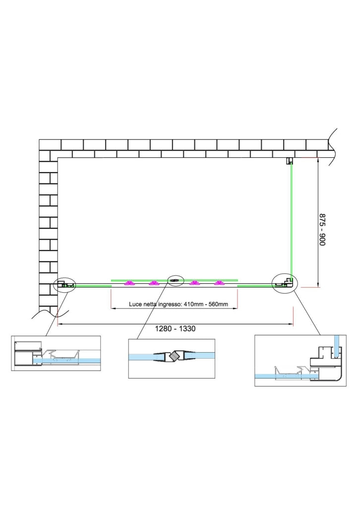 Box doccia 6 mm H 190 parete fissa e porta a 4 ante con apertura centrale MISURA 87,5-90 ANTA FISSA + PORTA 128-133