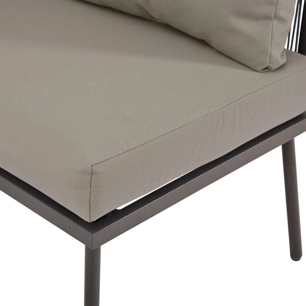 Set giardino lounge: metallo forma L; corda grigia intrecciata; cuscini seduta; piedini regolabili; 2 Divanooi + 1 tavolo