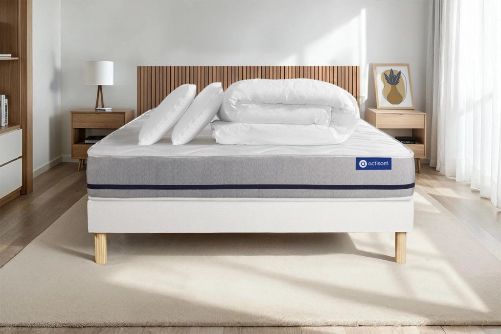 Pacchetto letto completo - Materasso 140x200cm + Box spring con doghe (kit) + 2 cuscini + Piumino - Actilatex Soft