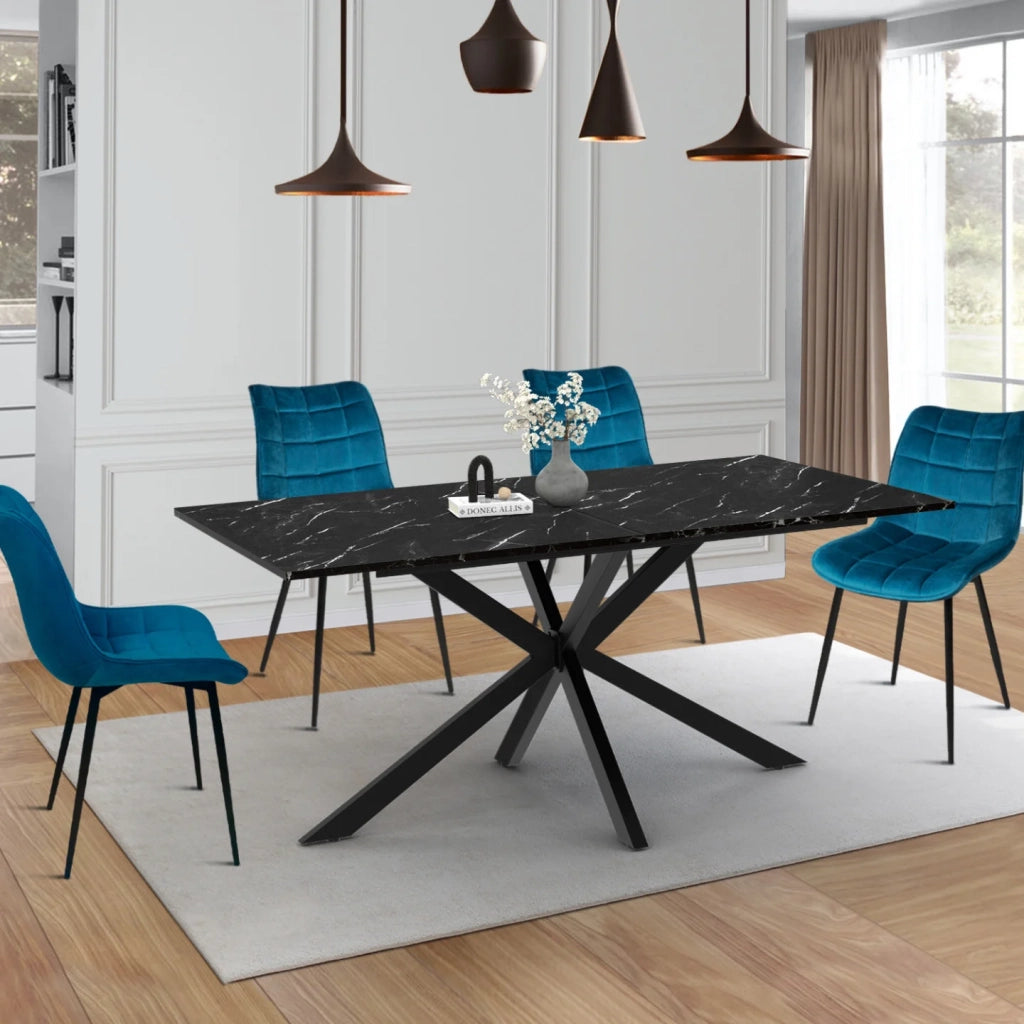 IDMarket - Tavolo da pranzo rettangolare ALASKA per 8 persone con effetto marmo nero e gamba a ragno in metallo 160 cm