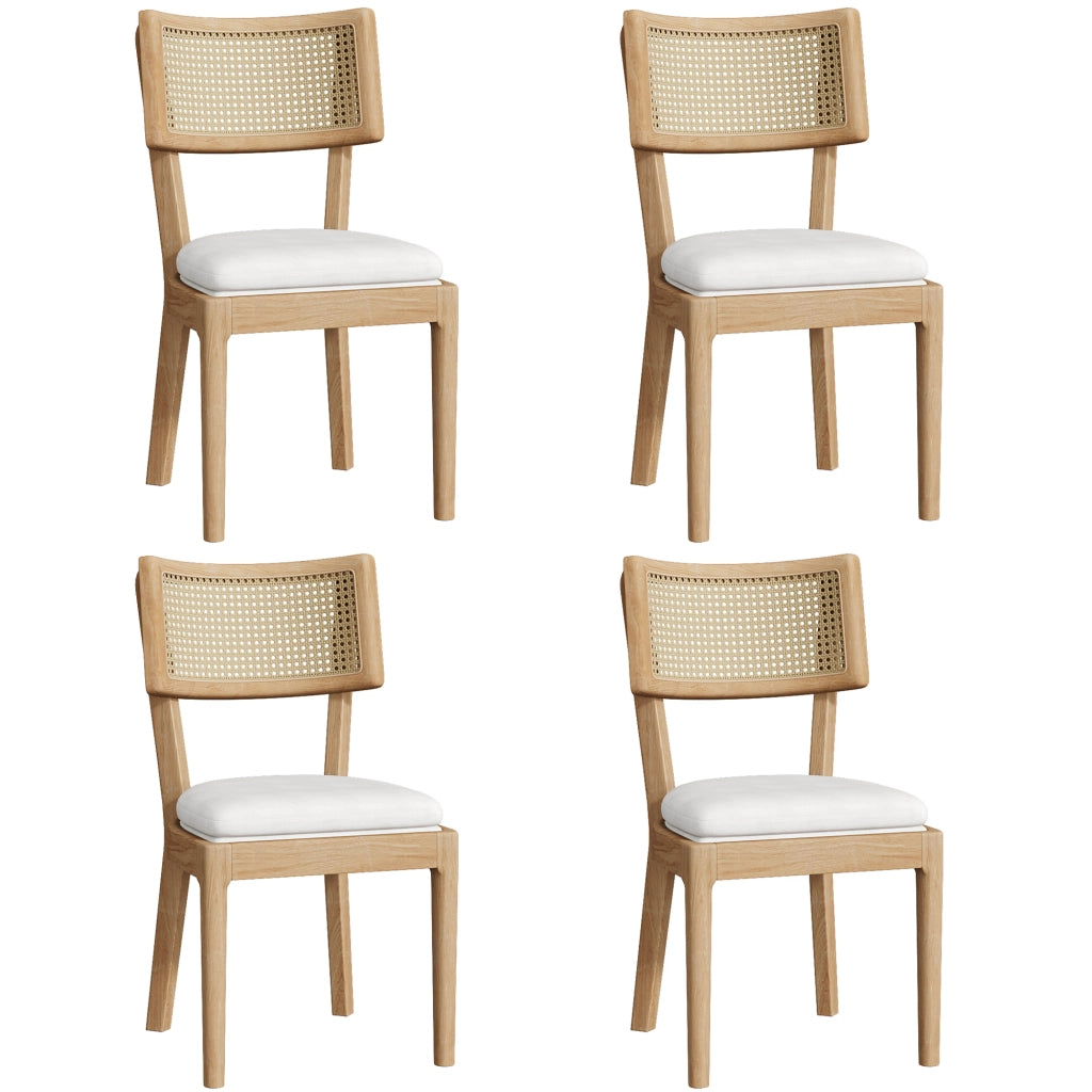 Set di 4 sedie da pranzo in legno massiccio con schienale in rattan e cuscino in lino, colore legno