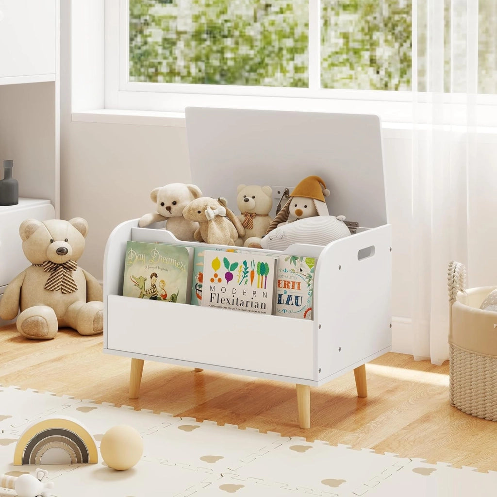 Cassapanca Portaoggetti per Bambini, con Libreria, Organizer per Giocattoli con 4 Gambe in Legno Massello e Coperchio Ribaltabile, per Sala Giochi e Asilo, 60x40x43 cm (Bianco)