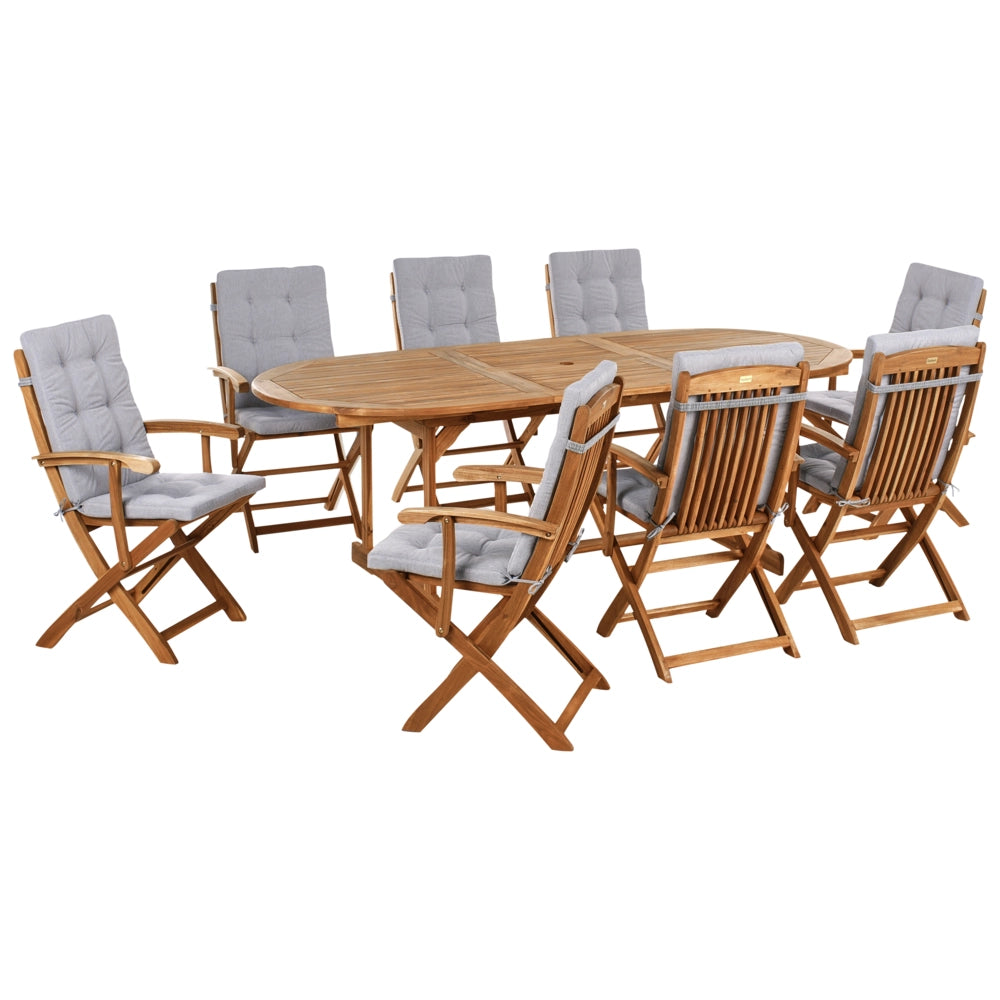 Set da pranzo da giardino con tavolo ovale sedie pieghevoli con cuscini grigi a 8 posti Maui design rustico