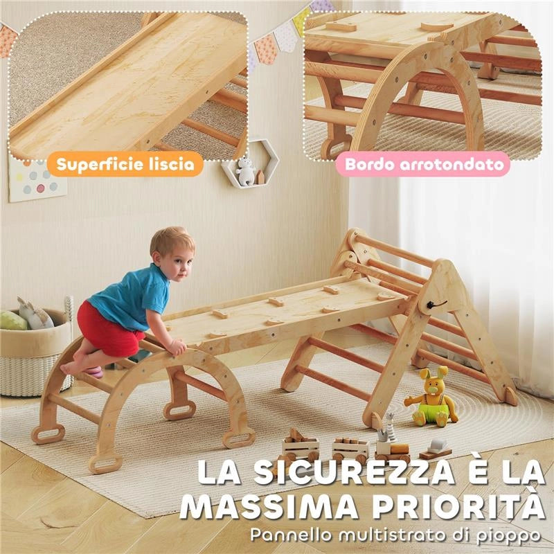 GIOCO PER BAMBINI 5 IN 1 CON TRIANGOLO, PARETE LISCIA E ARCO, IN LEGNO DI PIOPPO E PINO, 188X70X59 CM