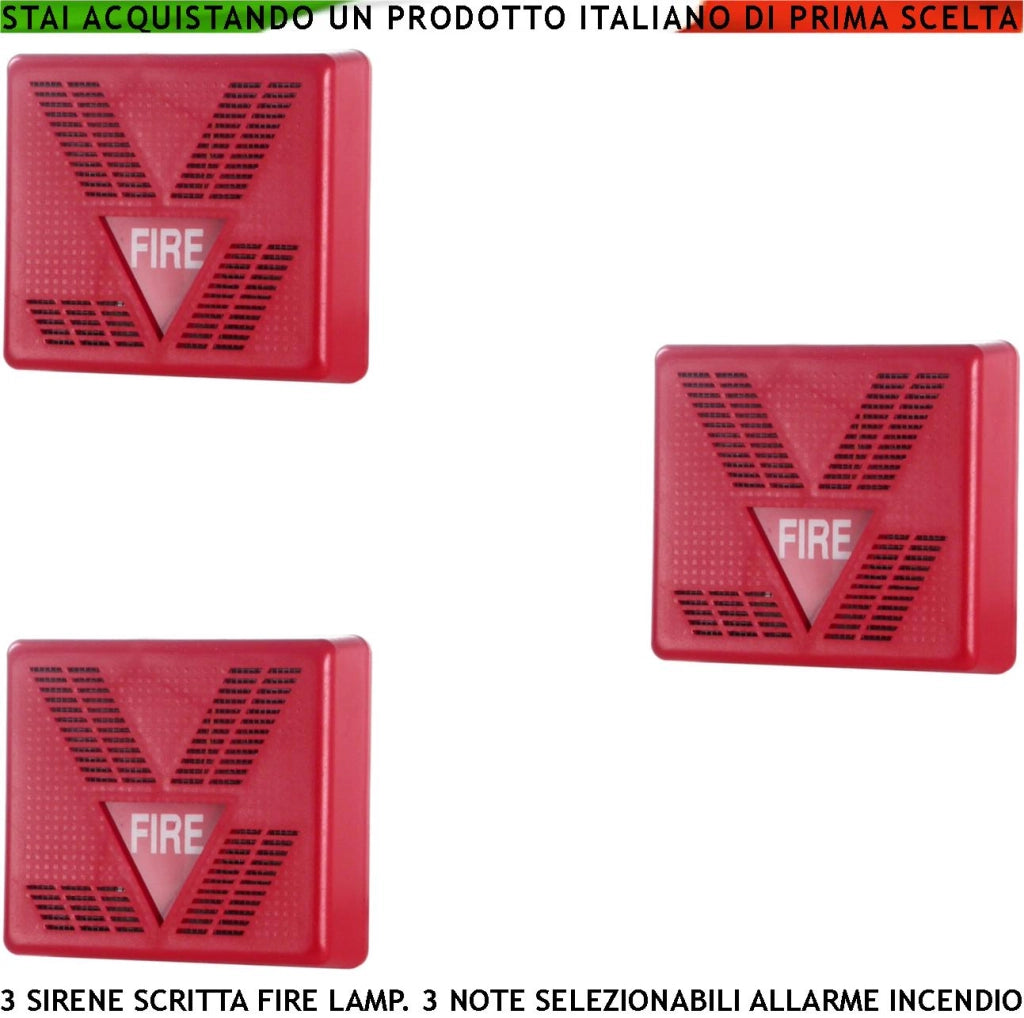 SIRENA ROSSA ANTINCENDIO 3 PEZZI SEGNALAZIONE ALLARME INCENDIO ALIMENTAZIONE 24 VCC SCRITTA FIRE LAMPEGGIANTE