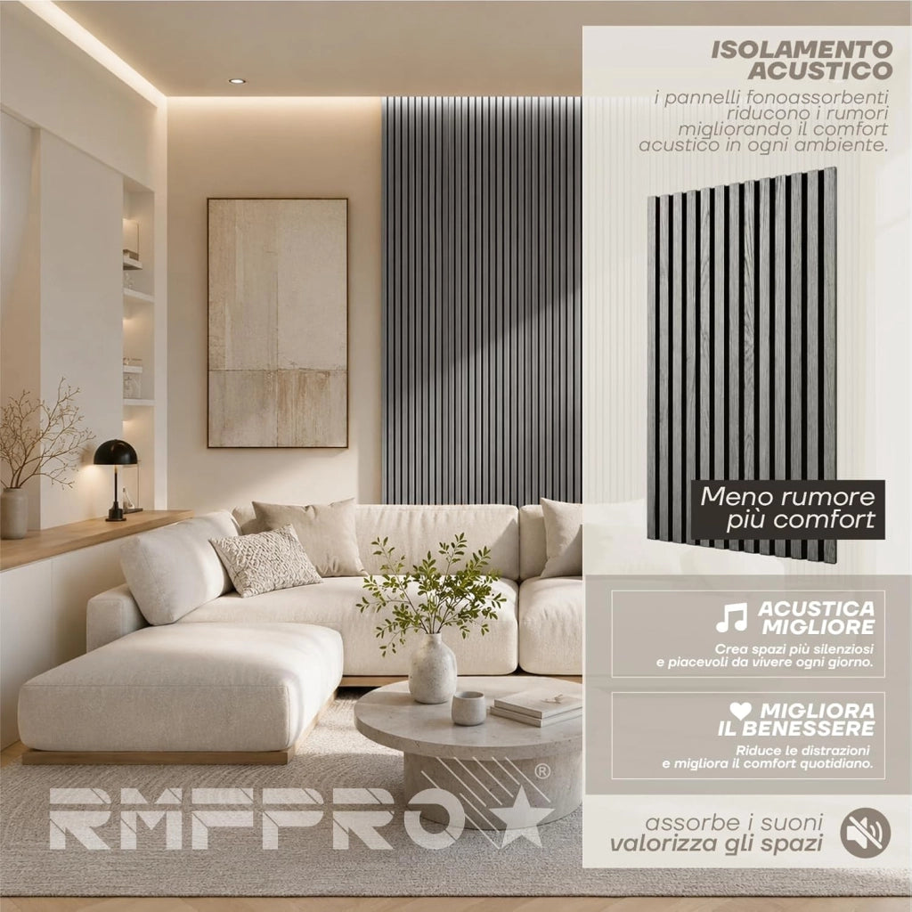RMF PRO Set 2 Pannelli Decorativi Parete Legno Fonoassorbenti Rovere Grigio 120x60 cm (1,44 m²) – Rivestimento Acustico a Listelli MDF per Soggiorno, Studio e Ufficio