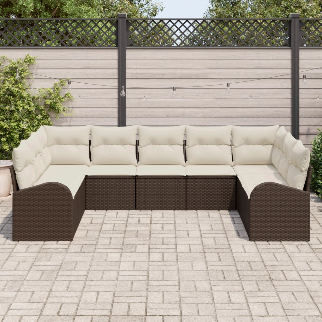 Set di divano da giardino 9 pezzi con cuscini marrone in polirattan