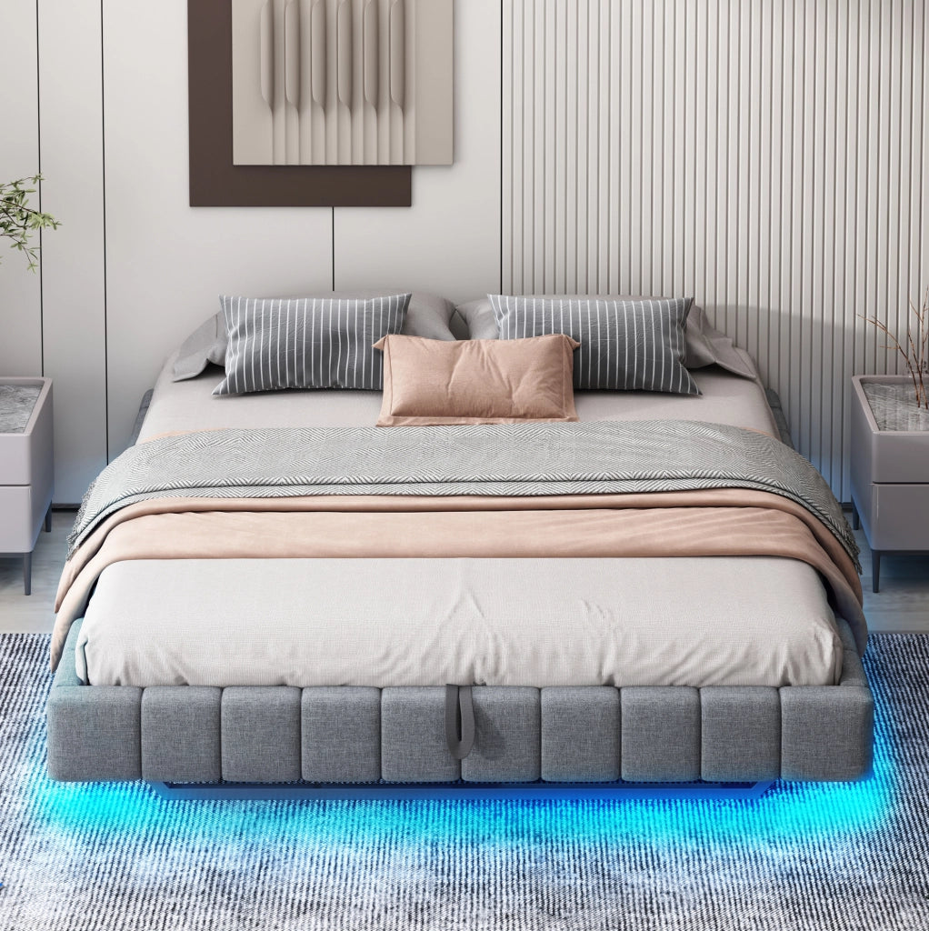 Letto imbottito sospeso 180x200 cm grigio con LED e vano contenitore