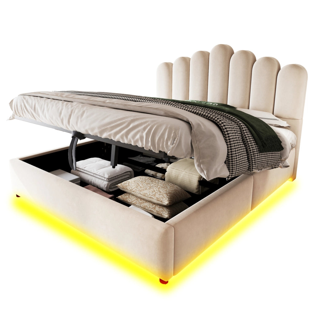 Letto imbottito 140x200 cm con contenitore idraulico, testiera imbottita, LED e rete a doghe, in velluto beige