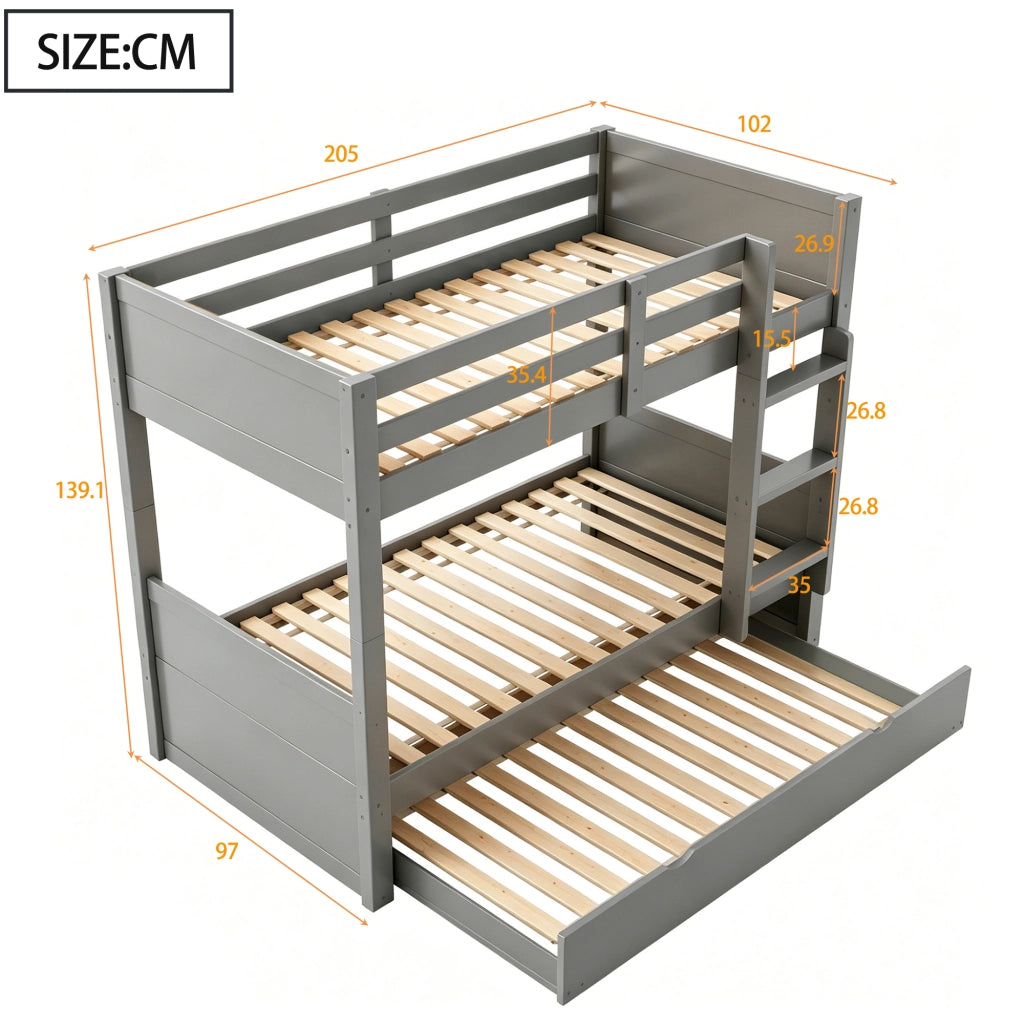 LETTO A CASTELLO 90x200 cm CON RETRATTILE IN LEGNO GRIGIO