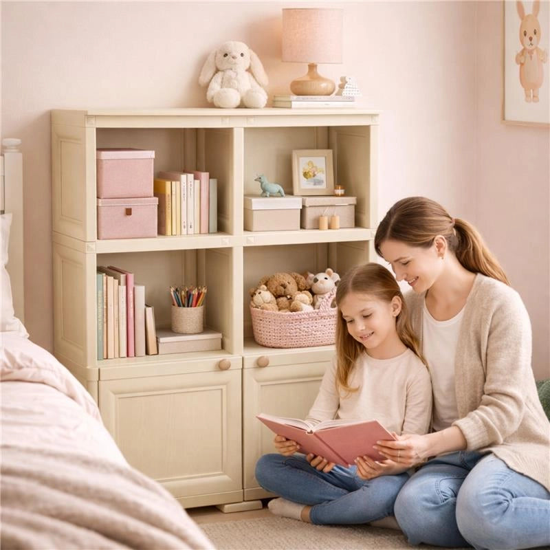 ARMADIO IN PLASTICA 79X43X125 CM EFFETTO LEGNO CON SCAFFALI APERTI E MODULO CHIUSO ANGORA, MOBILE CONTENITORE DA INTERNO E VERANDA