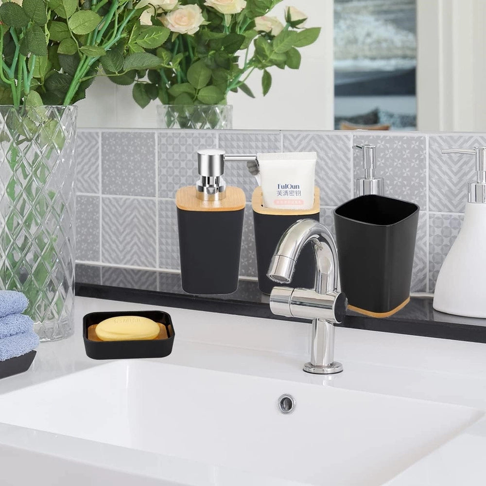 Trade Shop - Set Accessori Bagno In Bambù 6 Pz Moderno Bidone Spazzatura Portasapone Dispenser -