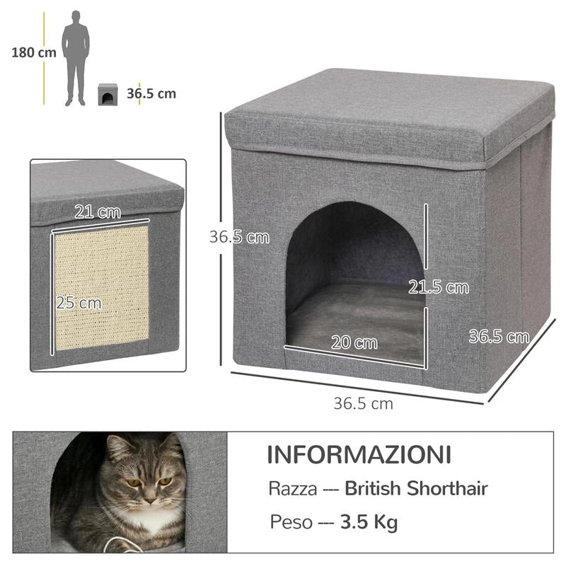 CASETTA PER GATTI PIEGHEVOLE A CUBO CON CUSCINO E TAPPETINO TIRAGRAFFI, 36.5X36.5X36.5 CM, GRIGIO