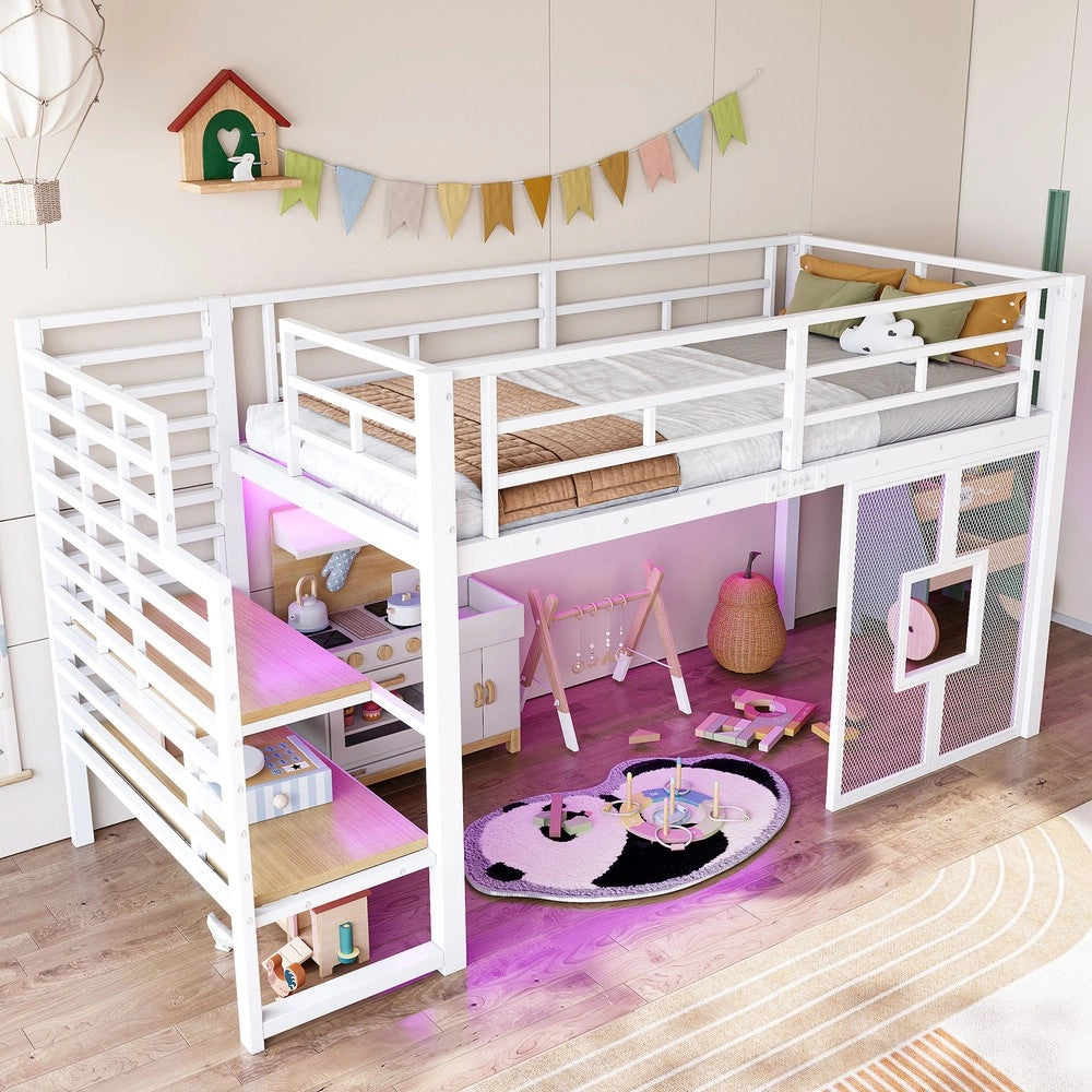 Letto a Soppalco con Scala, Contenitore, LED e Finestre ¨C MINIMAL ¨C 90x200, Bianco, Metallo
