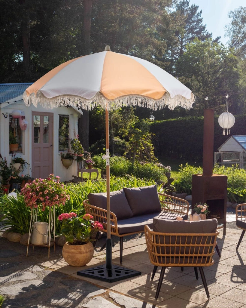 Ombrellone giardino tessuto bianco e arancione palo in legno faggio 150 cm Ombrellone esterno rotondo giardino retrò inclinabile resistente ai raggi UV