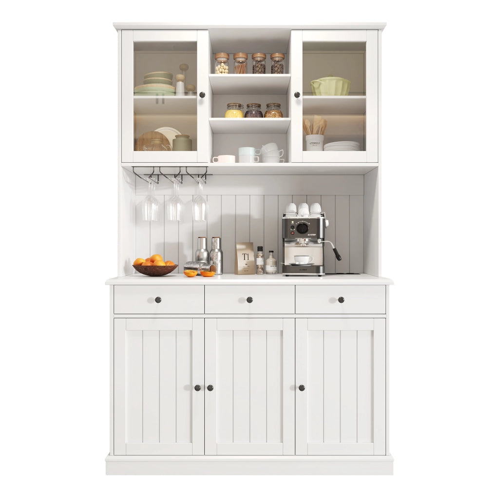 Buffet alto 120x40x191 cm con ante in vetro; porta bicchieri; prese USB e truciolare bianco