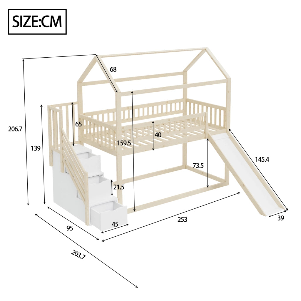 Letto a Soppalco 90x200 cm; Letto Singolo - con Scivolo e Scala Contenitore - in Legno