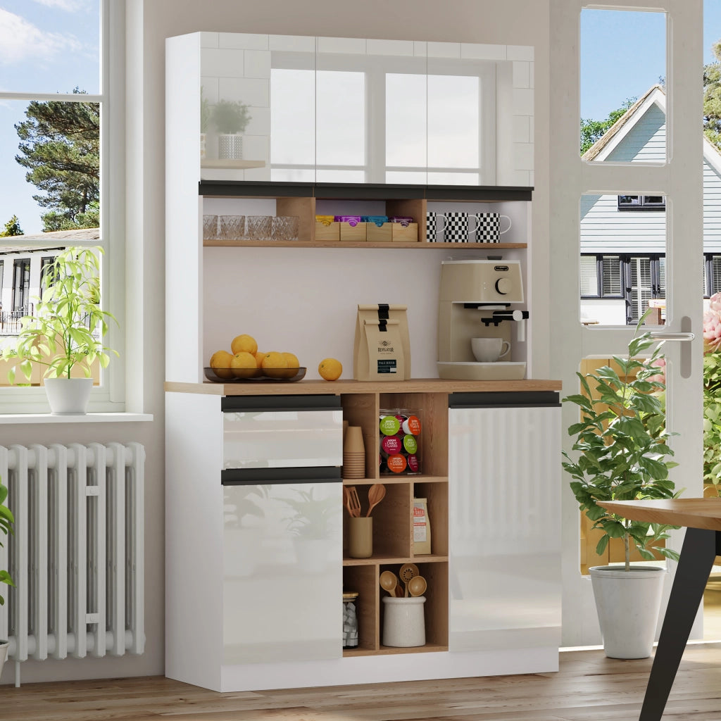 Credenza e madia bianca lucida con 1 cassetto, ripiani regolabili e vani aperti per cucina e soggiorno 105 × 45 × 185 cm