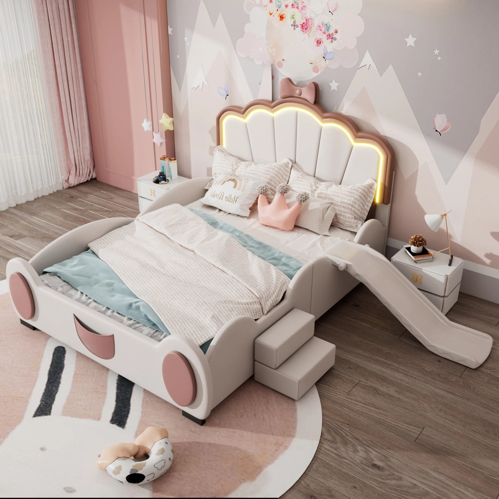 OKWISH Letto Bambini 140×200 cm, Letto Singolo con LED Multicolore, Scivolo e Scala, senza Materasso, in PU e MDF, Rosa e Bianco