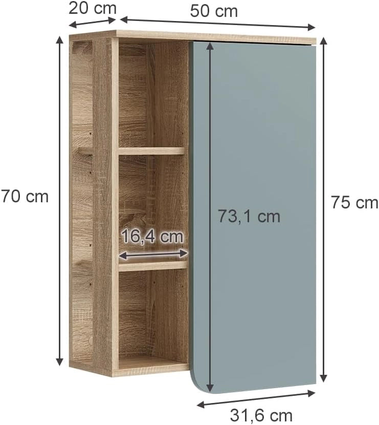 Mobile bagno Karen, Sonoma/blu, 50 x 75 cm con porta e vani aperti, per montaggio a parete con vani a giorno e vani chiusi