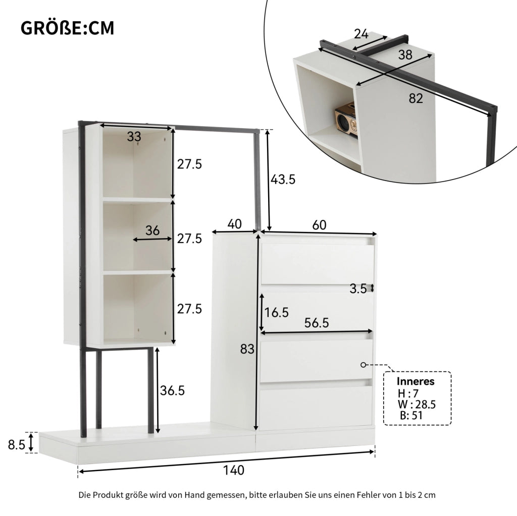 Armadio contenitore bianco con 4 cassetti e vani aperti, 140×40×135 cm