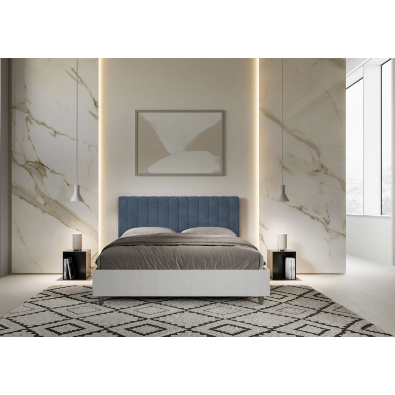 Letto Matrimoniale 160x190 cm struttura bianco frassino testata Kaia - Contenitore,Microfibra,Blu