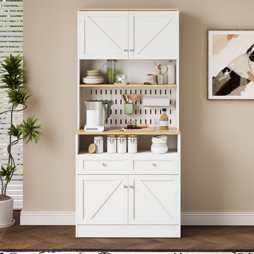 OKWISH Credenza da Cucina con Ripiani, 4 Ante e 2 Cassetti, Pannello Forato, per Cucina, MDF, Bianco, 80×40×175 cm