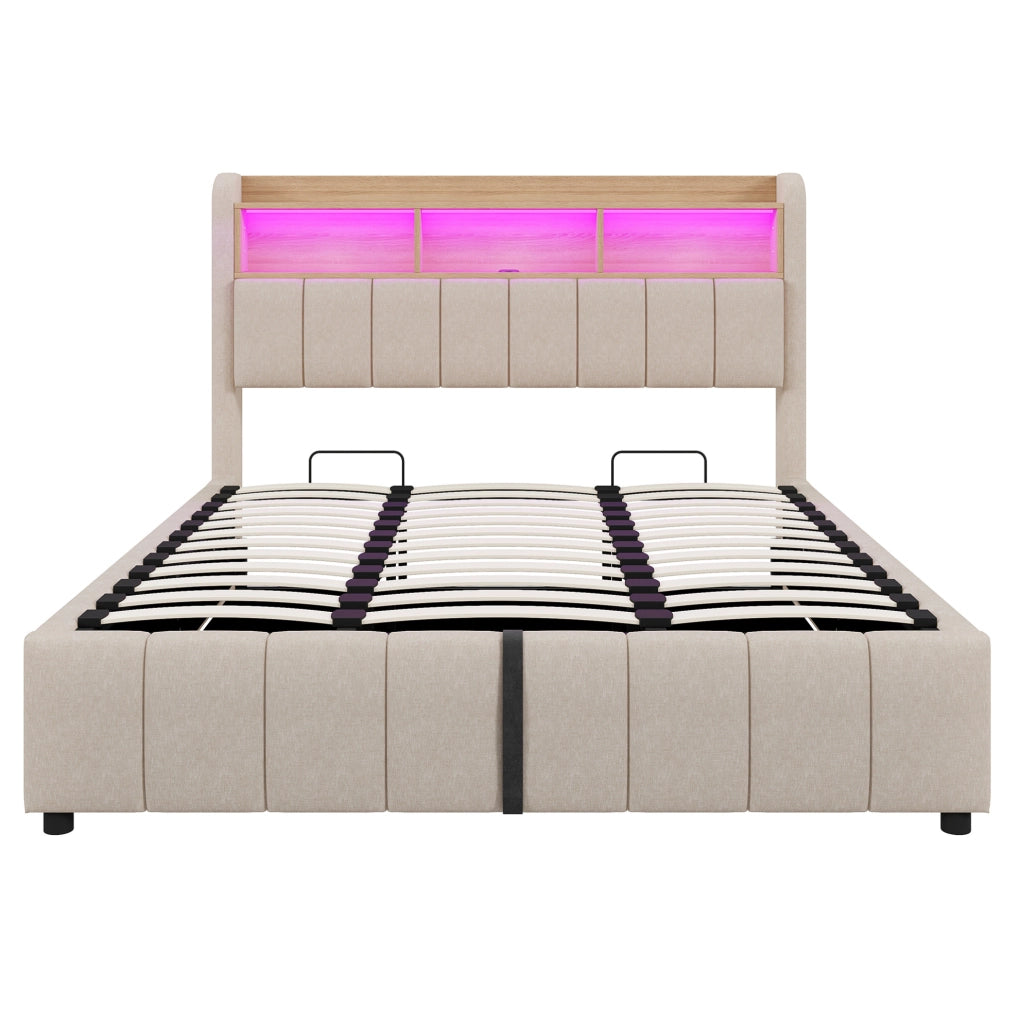 Letto imbottito 180x200 cm beige in tessuto con LED e vano contenitore