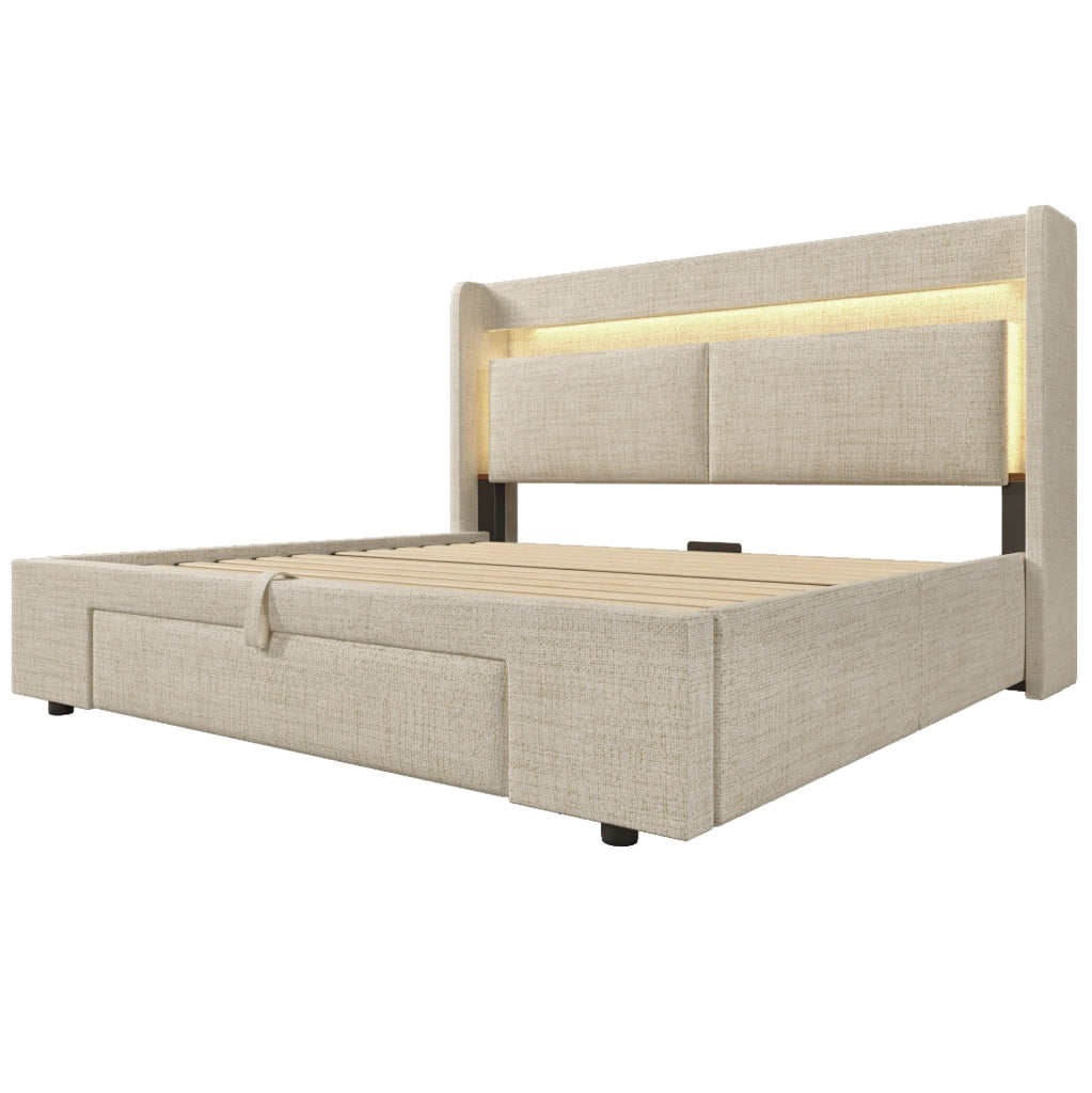 Letto imbottito 160x200 cm con vano contenitore idraulico; LED; USB e USB-C; lino beige