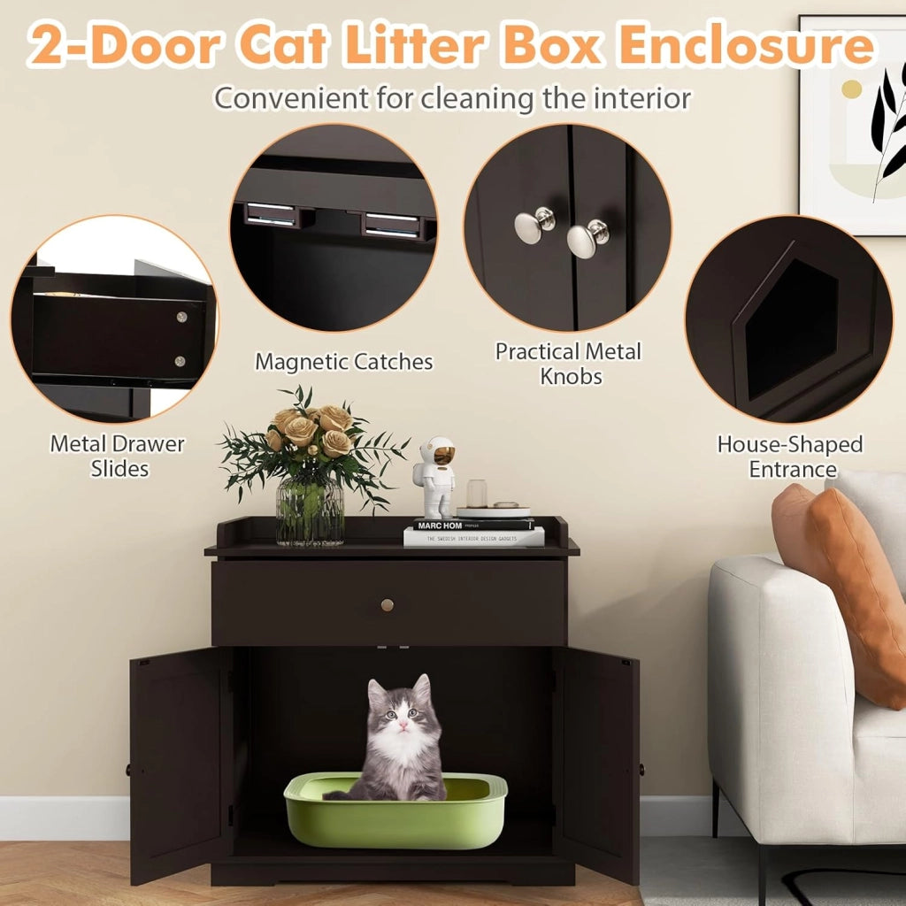 Mobile Lettiera per Gatti con 2 Ante e Cassetto, Armadio per Gatto in Legno con Ingresso Laterale, Grotta Rifugio Multiuso per Soggiorno, Camera da Letto e Ingresso, 76 x 53 x 74 cm