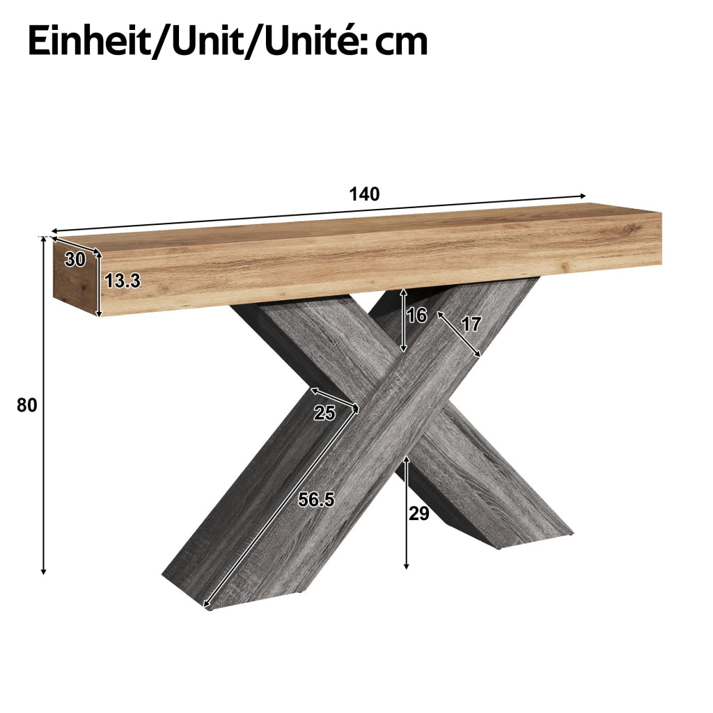 Tavolo consolle stretto con struttura a X in effetto legno naturale, in pannello truciolare, per ingresso e soggiorno